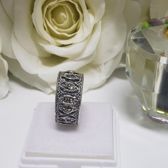 Swiss Marcasite Marquise Eternity Wide Band Ring - Picture 2 of 6